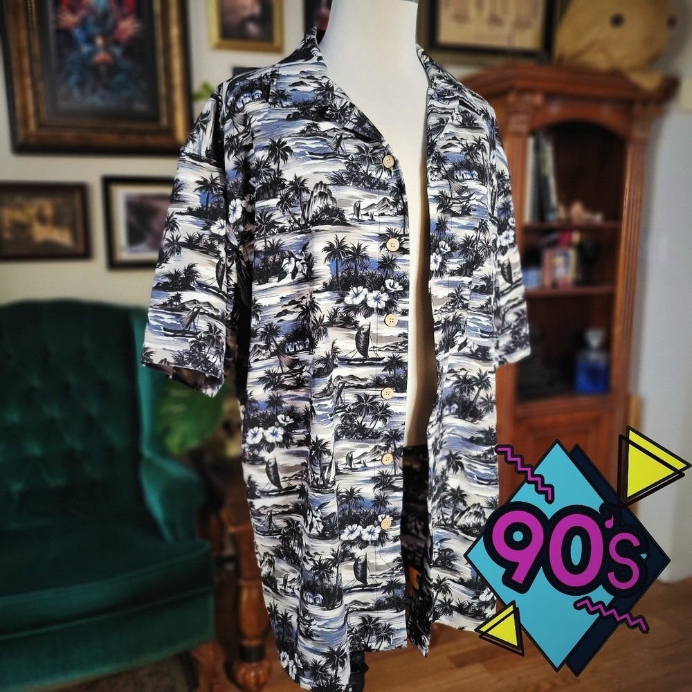 Anchor Blue Hawaiian Shirt Vintage 90s Mens Blue Brown Tropical Button Up Large